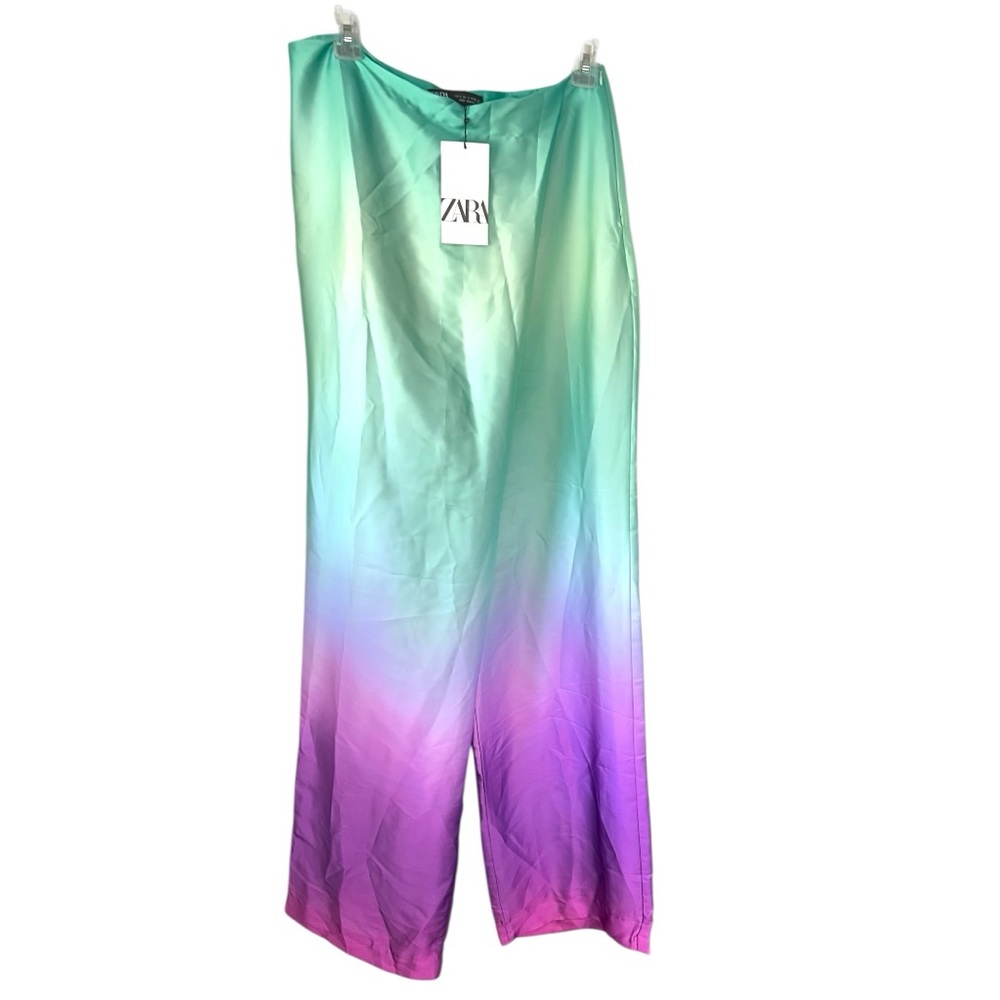 Zara Women's Green Purple Ombre Wide Leg Pareo High Waist Pants Size Large - Picture 4 of 10